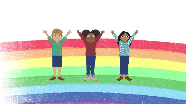 Three children standing on a rainbow, symbolizing diversity and inclusivity.