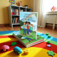 Book titled 'It's Okay Not to Be Okay' on a colorful rug with toys around