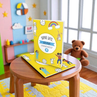 Children's book titled 'Sophie Says Let's Play' on a small wooden table in a colorful room with toys and a teddy bear.