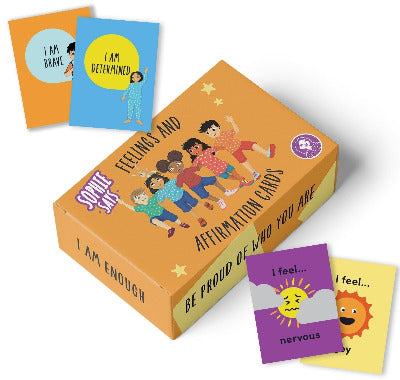 Box of Sophie Says 'Feelings and Affirmation Cards' with cards displayed on a white background