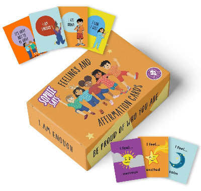 A pack of Sophie Says Feelings and Affirmation Cards, featuring colorful cards with illustrations and text displaying various emotions and affirmations.
